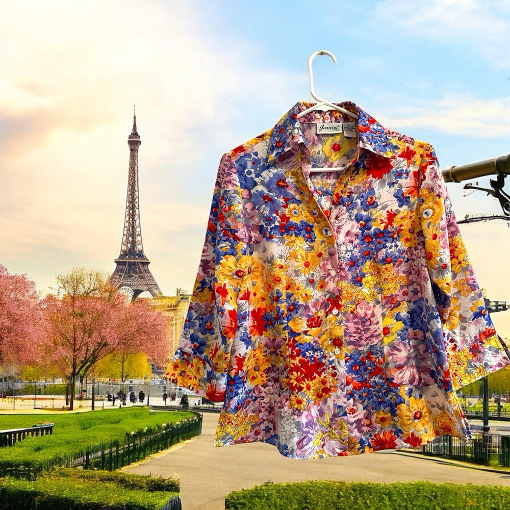 Joanna Vibrant Floral Button Blouse Womens Small Multicolor 3/4 Sleeves Summer
